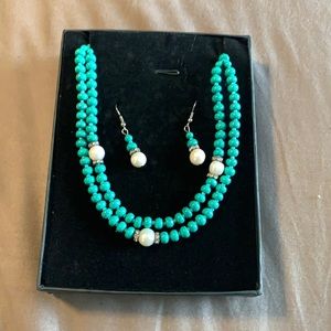 Teal and Pearl Necklace and Earring Set